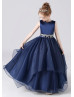 Navy Blue Satin Organza Gorgeous Flower Girl Dress